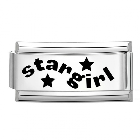 Picture of 1 Piece 304 Stainless Steel Stylish Italian Charm Links For DIY Bracelet Jewelry Making Wholesale Silver Tone Black Rectangle Message " Star Girl " 20mm x 9mm