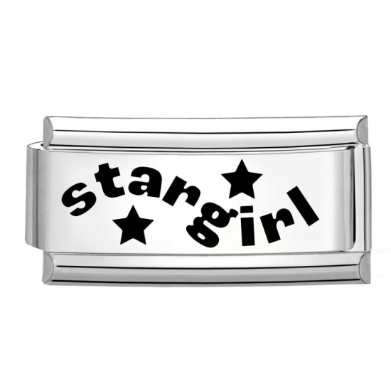 Picture of 1 Piece 304 Stainless Steel Stylish Italian Charm Links For DIY Bracelet Jewelry Making Wholesale Silver Tone Black Rectangle Message " Star Girl " 20mm x 9mm