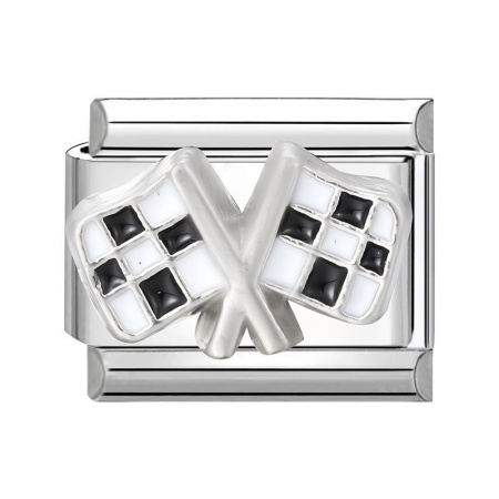 Picture of 1 Piece 304 Stainless Steel Stylish Italian Charm Links For DIY Bracelet Jewelry Making Wholesale Silver Tone Black Rectangle Flag 10mm x 9mm