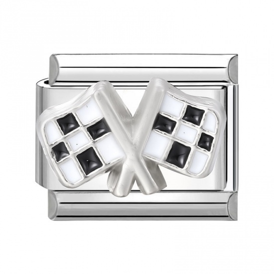 Immagine di 1 Pz 304 Acciaio Inossidabile Elegante Bracciale con Charm Italiano a Maglie, Creazione di Gioielli Fai-da-te All'Ingrosso Tono Argento Nero Rettangolo Bandiera 10mm x 9mm
