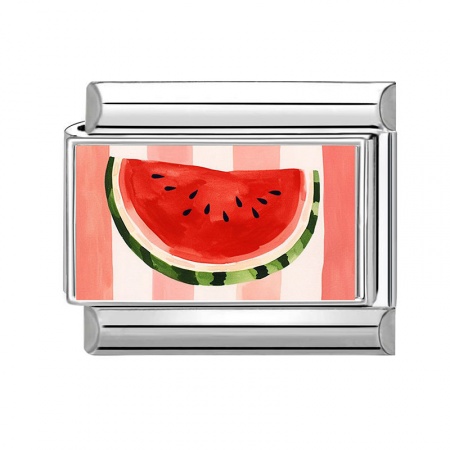 Picture of 1 Piece 304 Stainless Steel Stylish Italian Charm Links For DIY Bracelet Jewelry Making Wholesale Silver Tone Red Rectangle Watermelon Fruit 10mm x 9mm