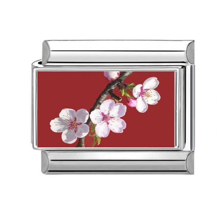 Picture of 1 Piece 304 Stainless Steel Stylish Italian Charm Links For DIY Bracelet Jewelry Making Wholesale Silver Tone Red Rectangle Plum Flower 10mm x 9mm