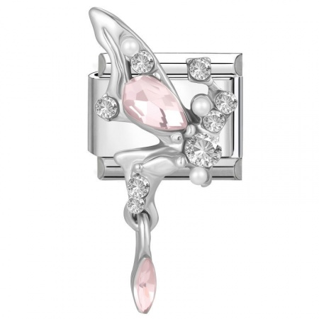 Picture of 1 Piece 304 Stainless Steel Stylish Italian Charm Links For DIY Modular Bracelet Watch Jewelry Making Wholesale Silver Tone Rectangle Butterfly Pink Rhinestone 10mm x 9mm
