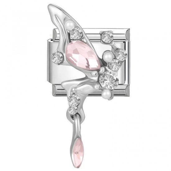 Picture of 1 Piece 304 Stainless Steel Stylish Italian Charm Links For DIY Modular Bracelet Watch Jewelry Making Wholesale Silver Tone Rectangle Butterfly Pink Rhinestone 10mm x 9mm