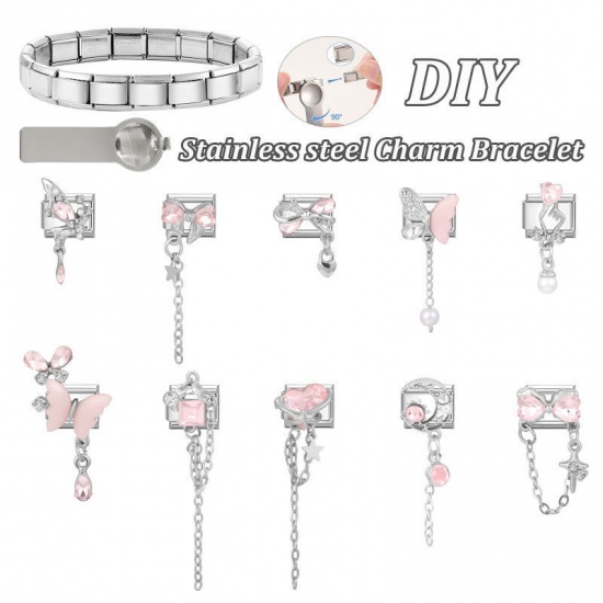 Picture of 1 Piece 304 Stainless Steel Stylish Italian Charm Links For DIY Modular Bracelet Watch Jewelry Making Wholesale Silver Tone Rectangle Butterfly Pink Rhinestone 10mm x 9mm