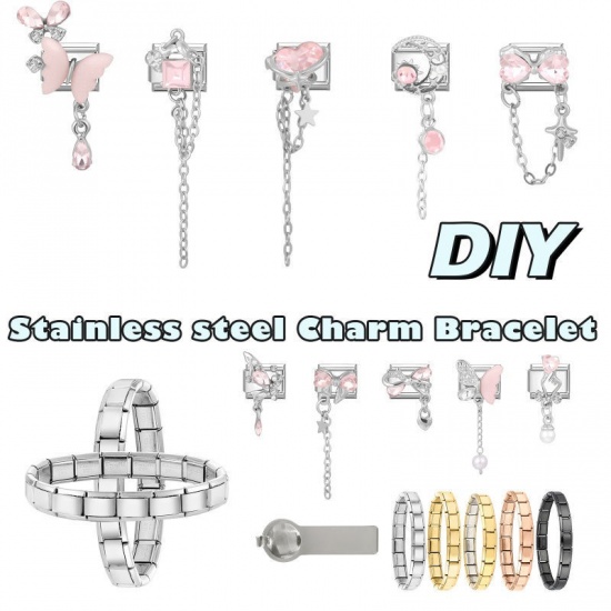 Picture of 1 Piece 304 Stainless Steel Stylish Italian Charm Links For DIY Modular Bracelet Watch Jewelry Making Wholesale Silver Tone Rectangle Butterfly Pink Rhinestone 10mm x 9mm