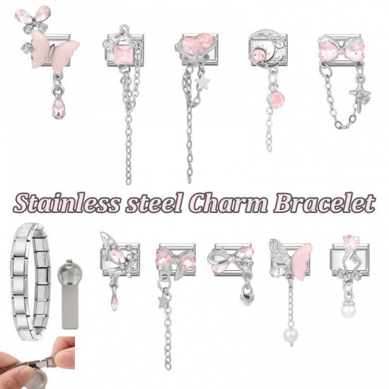 Picture of 1 Piece 304 Stainless Steel Stylish Italian Charm Links For DIY Modular Bracelet Watch Jewelry Making Wholesale Silver Tone Rectangle Butterfly Pink Rhinestone 10mm x 9mm