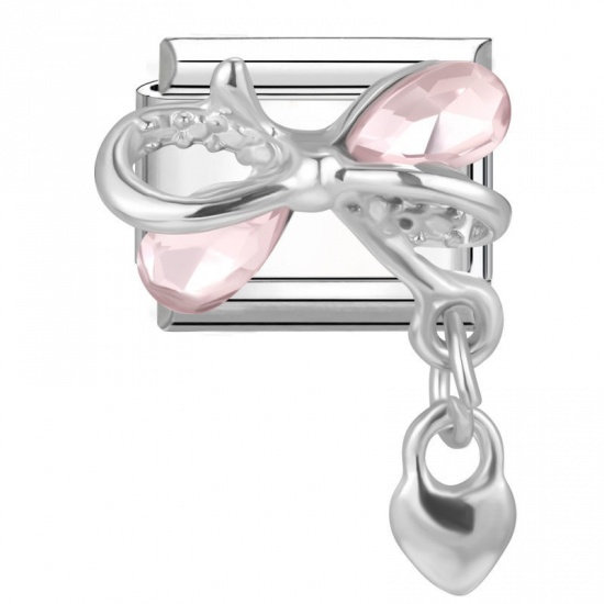 Picture of 1 Piece 304 Stainless Steel Stylish Italian Charm Links For DIY Modular Bracelet Watch Jewelry Making Wholesale Silver Tone Rectangle Bowknot Pink Rhinestone 10mm x 9mm