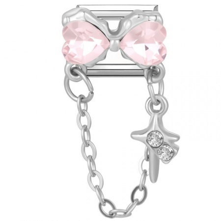 Picture of 1 Piece 304 Stainless Steel Stylish Italian Charm Links For DIY Modular Bracelet Watch Jewelry Making Wholesale Silver Tone Rectangle Bowknot Pink Rhinestone 10mm x 9mm