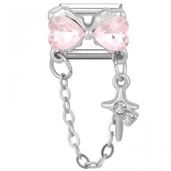 Picture of 1 Piece 304 Stainless Steel Stylish Italian Charm Links For DIY Modular Bracelet Watch Jewelry Making Wholesale Silver Tone Rectangle Bowknot Pink Rhinestone 10mm x 9mm