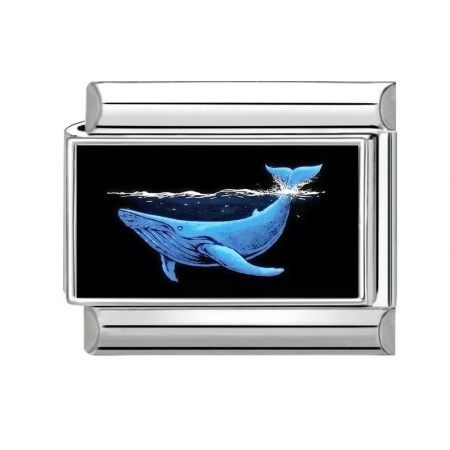 Picture of 1 Piece 304 Stainless Steel Stylish Italian Charm Links For DIY Bracelet Jewelry Making Wholesale Silver Tone Blue Rectangle Whale Animal 10mm x 9mm