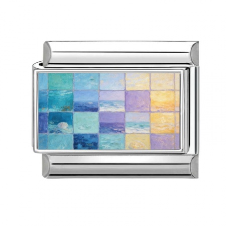 Picture of 1 Piece 304 Stainless Steel Stylish Italian Charm Links For DIY Bracelet Jewelry Making Wholesale Silver Tone Multicolor Rectangle Natural Scenery 10mm x 9mm