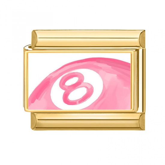 Picture of 1 Piece 304 Stainless Steel Stylish Italian Charm Links For DIY Bracelet Jewelry Making Wholesale Gold Plated Pink Rectangle No.8 Billiard Pool Ball 10mm x 9mm