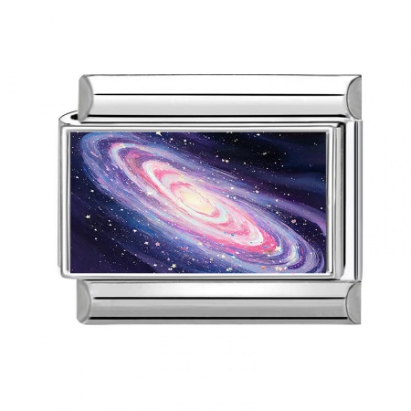 Picture of 1 Piece 304 Stainless Steel Stylish Italian Charm Links For DIY Bracelet Jewelry Making Wholesale Silver Tone Dark Blue Rectangle Galaxy Universe 10mm x 9mm