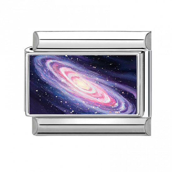 Picture of 1 Piece 304 Stainless Steel Stylish Italian Charm Links For DIY Bracelet Jewelry Making Wholesale Silver Tone Dark Blue Rectangle Galaxy Universe 10mm x 9mm