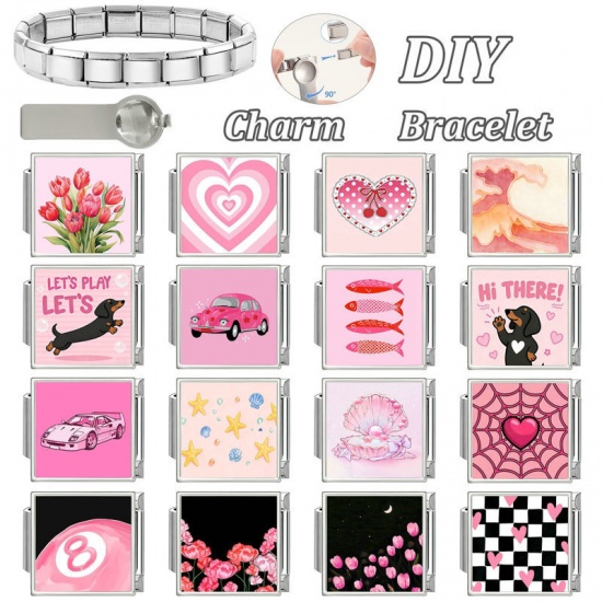 Immagine di 1 Pz 304 Acciaio Inossidabile Elegante Bracciale con Charm Italiano a Maglie, Creazione di Gioielli Fai-da-te All'Ingrosso Tono Argento Rosa Rettangolo Macchina 10mm x 9mm