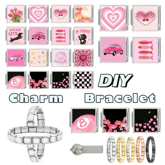 Immagine di 1 Pz 304 Acciaio Inossidabile Elegante Bracciale con Charm Italiano a Maglie, Creazione di Gioielli Fai-da-te All'Ingrosso Tono Argento Rosa Rettangolo Macchina 10mm x 9mm