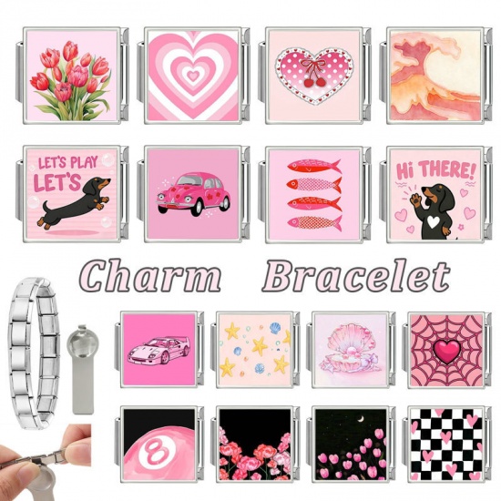 Immagine di 1 Pz 304 Acciaio Inossidabile Elegante Bracciale con Charm Italiano a Maglie, Creazione di Gioielli Fai-da-te All'Ingrosso Tono Argento Rosa Rettangolo Macchina 10mm x 9mm