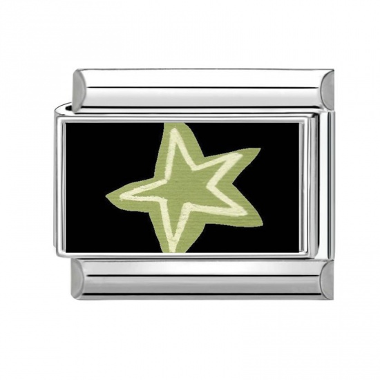 Picture of 1 Piece 304 Stainless Steel Stylish Italian Charm Links For DIY Bracelet Jewelry Making Wholesale Silver Tone Green Rectangle Pentagram Star 10mm x 9mm