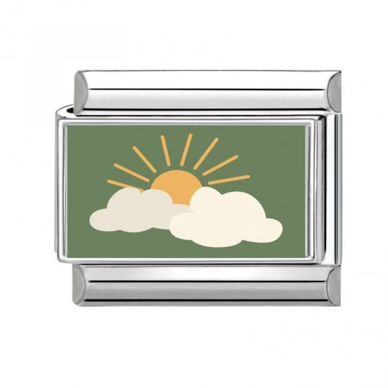 Picture of 1 Piece 304 Stainless Steel Stylish Italian Charm Links For DIY Bracelet Jewelry Making Wholesale Silver Tone Green Rectangle Sun 10mm x 9mm