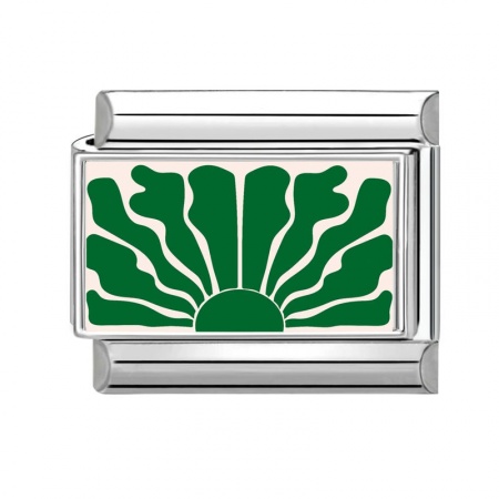 Picture of 1 Piece 304 Stainless Steel Stylish Italian Charm Links For DIY Bracelet Jewelry Making Wholesale Silver Tone Green Rectangle Sun 10mm x 9mm