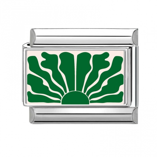 Picture of 1 Piece 304 Stainless Steel Stylish Italian Charm Links For DIY Bracelet Jewelry Making Wholesale Silver Tone Green Rectangle Sun 10mm x 9mm