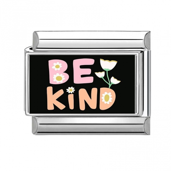 Picture of 1 Piece 304 Stainless Steel Stylish Italian Charm Links For DIY Bracelet Jewelry Making Wholesale Silver Tone Black Rectangle Flower Message " BE KIND " 10mm x 9mm