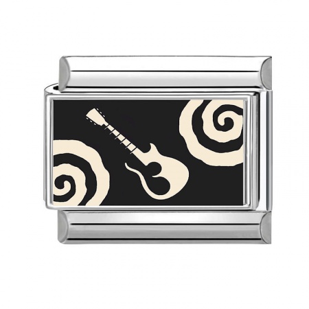 Picture of 1 Piece 304 Stainless Steel Stylish Italian Charm Links For DIY Bracelet Jewelry Making Wholesale Silver Tone Black Rectangle Guitar 10mm x 9mm