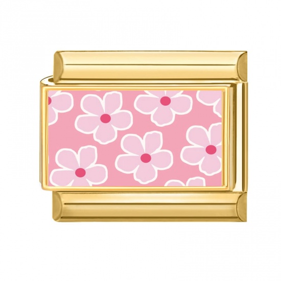 Picture of 1 Piece 304 Stainless Steel Stylish Italian Charm Links For DIY Bracelet Jewelry Making Wholesale Gold Plated Pink Rectangle Flower 10mm x 9mm