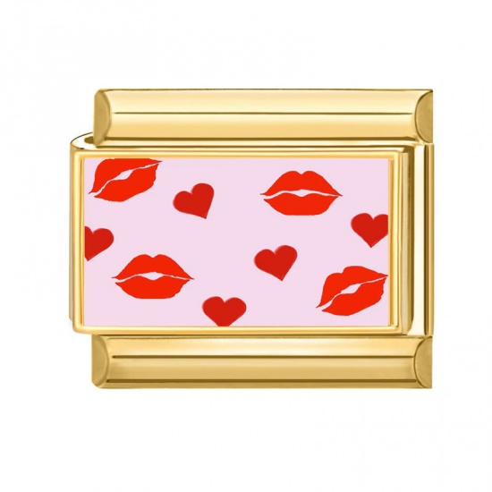 Picture of 1 Piece 304 Stainless Steel Stylish Italian Charm Links For DIY Bracelet Jewelry Making Wholesale Gold Plated Red Rectangle Lip 10mm x 9mm