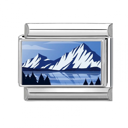Picture of 1 Piece 304 Stainless Steel Stylish Italian Charm Links For DIY Bracelet Jewelry Making Wholesale Silver Tone Blue Rectangle Mountain 10mm x 9mm