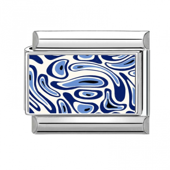 Picture of 1 Piece 304 Stainless Steel Stylish Italian Charm Links For DIY Bracelet Jewelry Making Wholesale Silver Tone Blue Rectangle 10mm x 9mm