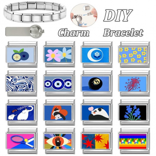 Picture of 1 Piece 304 Stainless Steel Stylish Italian Charm Links For DIY Bracelet Jewelry Making Wholesale Silver Tone Blue Rectangle 10mm x 9mm