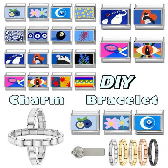 Picture of 1 Piece 304 Stainless Steel Stylish Italian Charm Links For DIY Bracelet Jewelry Making Wholesale Silver Tone Blue Rectangle 10mm x 9mm
