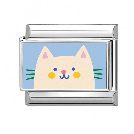 Picture of 1 Piece 304 Stainless Steel Stylish Italian Charm Links For DIY Bracelet Jewelry Making Wholesale Silver Tone Beige Rectangle Cat 10mm x 9mm
