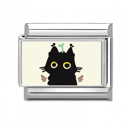 Picture of 1 Piece 304 Stainless Steel Stylish Italian Charm Links For DIY Bracelet Jewelry Making Wholesale Silver Tone Black Rectangle Cat 10mm x 9mm