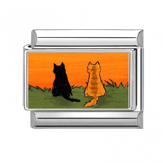 Picture of 1 Piece 304 Stainless Steel Stylish Italian Charm Links For DIY Bracelet Jewelry Making Wholesale Silver Tone Orange Rectangle Cat 10mm x 9mm