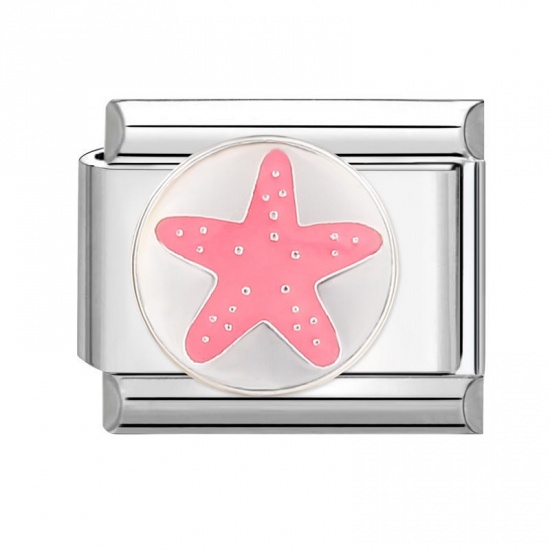 Picture of 1 Piece 304 Stainless Steel Stylish Italian Charm Links For DIY Bracelet Jewelry Making Wholesale Silver Tone Pink Rectangle Star Fish 10mm x 9mm
