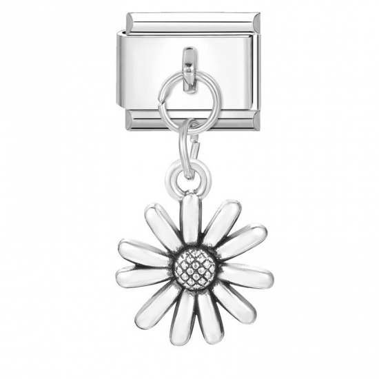 Picture of 1 Piece 304 Stainless Steel Stylish Italian Charm Links For DIY Bracelet Jewelry Making Wholesale Silver Tone Sunflower 10mm x 9mm