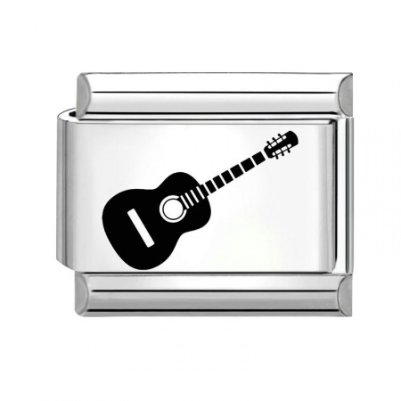 Picture of 1 Piece 304 Stainless Steel Stylish Italian Charm Links For DIY Bracelet Jewelry Making Wholesale Silver Tone Black Rectangle Guitar 10mm x 9mm