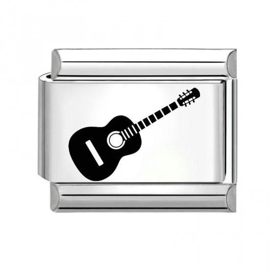 Picture of 1 Piece 304 Stainless Steel Stylish Italian Charm Links For DIY Bracelet Jewelry Making Wholesale Silver Tone Black Rectangle Guitar 10mm x 9mm