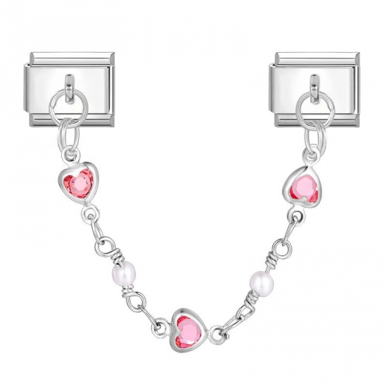 Picture of 1 Piece 304 Stainless Steel Valentine's Day Italian Charm Links For DIY Bracelet Jewelry Making Wholesale Silver Tone Pink Heart 10mm x 9mm