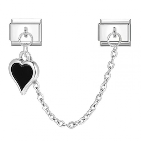 Picture of 1 Piece 304 Stainless Steel Valentine's Day Italian Charm Links For DIY Bracelet Jewelry Making Wholesale Silver Tone Black Heart 10mm x 9mm