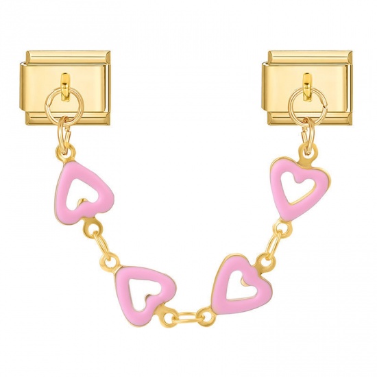Picture of 1 Piece 304 Stainless Steel Valentine's Day Italian Charm Links For DIY Bracelet Jewelry Making Wholesale Gold Plated Pink Heart 10mm x 9mm