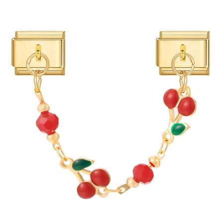 Picture of 1 Piece 304 Stainless Steel Stylish Italian Charm Links For DIY Bracelet Jewelry Making Wholesale Gold Plated Red Cherry Fruit 10mm x 9mm