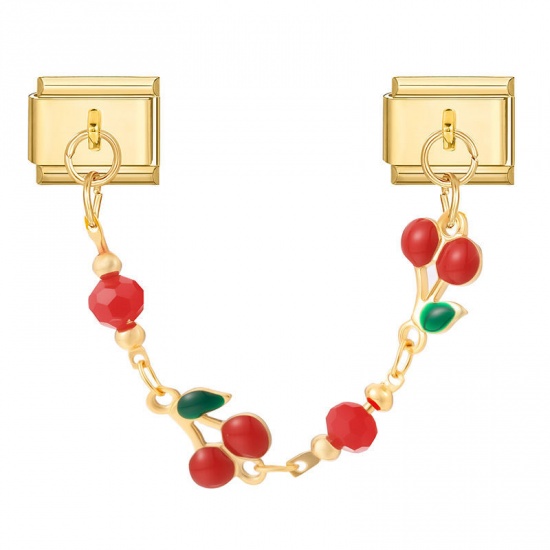 Picture of 1 Piece 304 Stainless Steel Stylish Italian Charm Links For DIY Bracelet Jewelry Making Wholesale Gold Plated Red Cherry Fruit 10mm x 9mm