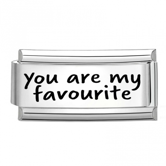 Picture of 1 Piece 304 Stainless Steel Stylish Italian Charm Links For DIY Bracelet Jewelry Making Wholesale Silver Tone Black Rectangle Message " You Are My Favourite " 20mm x 9mm