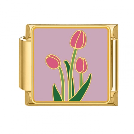 Picture of 1 Piece 304 Stainless Steel Stylish Italian Charm Links For DIY Bracelet Jewelry Making Wholesale Gold Plated Pink Rectangle Tulip Flower 10mm x 9mm