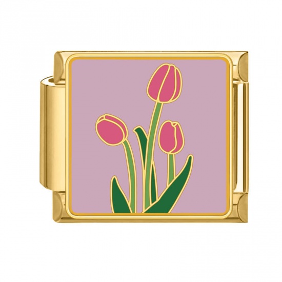 Picture of 1 Piece 304 Stainless Steel Stylish Italian Charm Links For DIY Bracelet Jewelry Making Wholesale Gold Plated Pink Rectangle Tulip Flower 10mm x 9mm