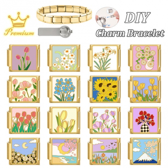 Picture of 1 Piece 304 Stainless Steel Stylish Italian Charm Links For DIY Bracelet Jewelry Making Wholesale Gold Plated Pink Rectangle Tulip Flower 10mm x 9mm